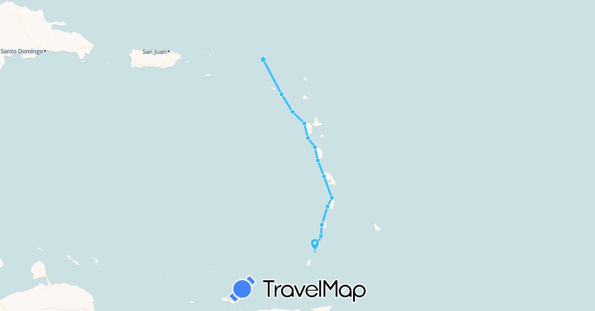 TravelMap itinerary: driving, boat in Anguilla, Dominica, France, Grenada, Saint Kitts and Nevis, Saint Lucia, Montserrat, Saint Vincent and the Grenadines (Europe, North America)